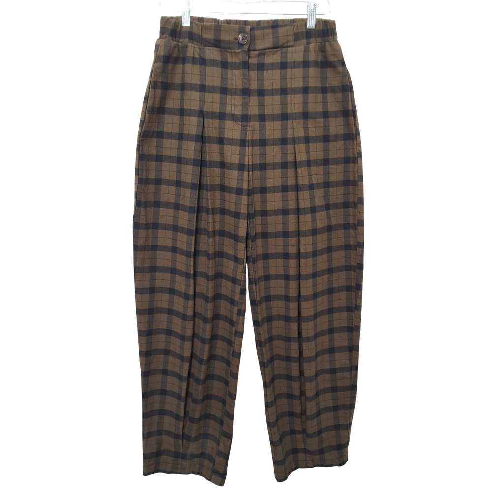 Urban Renewal Plaid Flannel Pleated Trousers Brown Navy Blue High Waist Size M